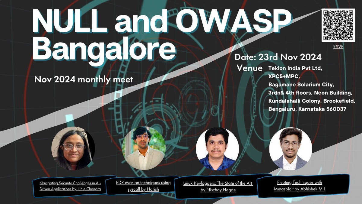 Join us for the upcoming <a href="/Nullblr/">Null Bangalore</a> / <a href="/OWASPBangalore/">OWASP Bangalore</a> Combined monthly meetup on 23rd November at Tekion. 
Duly note that this is a free-for-all event and we encourage you to come with an open mind, ready to learn and network.
#Bangalore
RSVP - null.community/events/1072-ba…