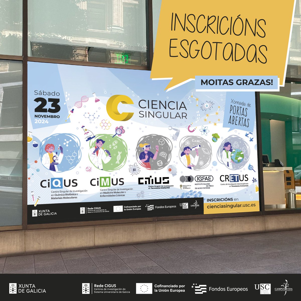 📣📣 INCRIBLE! INSCRICIÓNS ESGOTADAS!!

Aos 15' de abrir inscricións empezaron a esgotarse en case todas as quendas en todos os centros.

👏 Un ano máis, moitísimas grazas a tod@s polo apoio!

<a href="/UniversidadeUSC/">USC</a> #RedeCIGUS