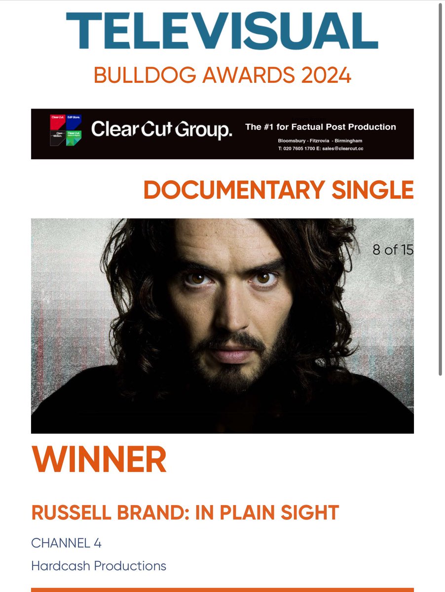 Louisa Compton (@louisa_compton) on Twitter photo Absolutely delighted that Russell Brand: In Plain Sight has won the Televisual Bulldog Award for best single documentary - even more important because it's voted for by you the viewing public. Fantastic work by C4 investigation unit and <a href="/HardcashProd/">Hardcash Productions</a> Absolutely delighted that Russell Brand: In Plain Sight has won the Televisual Bulldog Award for best single documentary - even more important because it's voted for by you the viewing public. Fantastic work by C4 investigation unit and <a href="/HardcashProd/">Hardcash Productions</a>