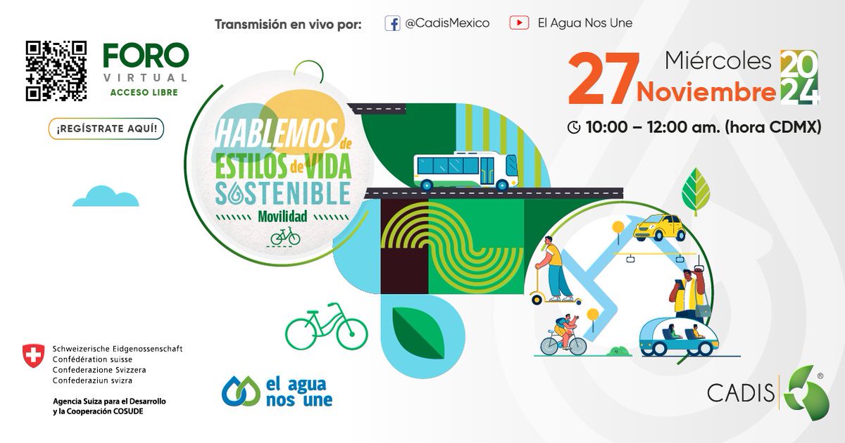 Les esperamos, el miércoles 27 de noviembre a las 10am, en el Foro virtual Estilos de vida más sostenibles enfocado en movilidad🚶‍♀️🚴‍♂️ #ElAguaNosUne  Inscripción 👉bit.ly/49wqUGr   
<a href="/CH_Mexico/">Embajada de Suiza en México</a> <a href="/conagua_mx/">Conagua</a> <a href="/SwissDevCoop/">Swiss Development and Cooperation</a> <a href="/Cadis_Mexico/">CADIS México</a> <a href="/Calacplus/">Calac+</a> #HuellaDeAgua