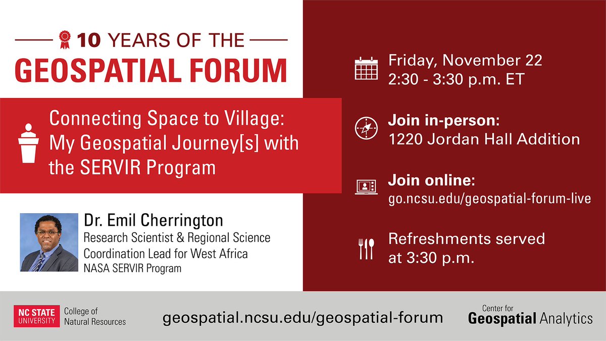 Happy GIS Week! This Friday afternoon, Dr. Emil Cherrington will discuss his nearly two decade career with <a href="/NASA/">NASA</a>'s SERVIR program and share his thoughts on the future of geospatial artificial intelligence.

See all GIS Week events here: gisweekatncstate.org