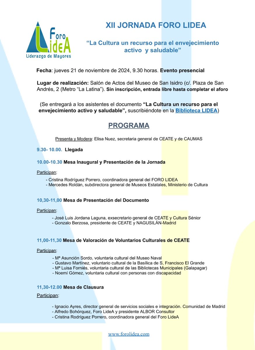 Os esperamos el jueves 21 de nov en Museo San Isidro jornada Cultura y envejecimiento activo.