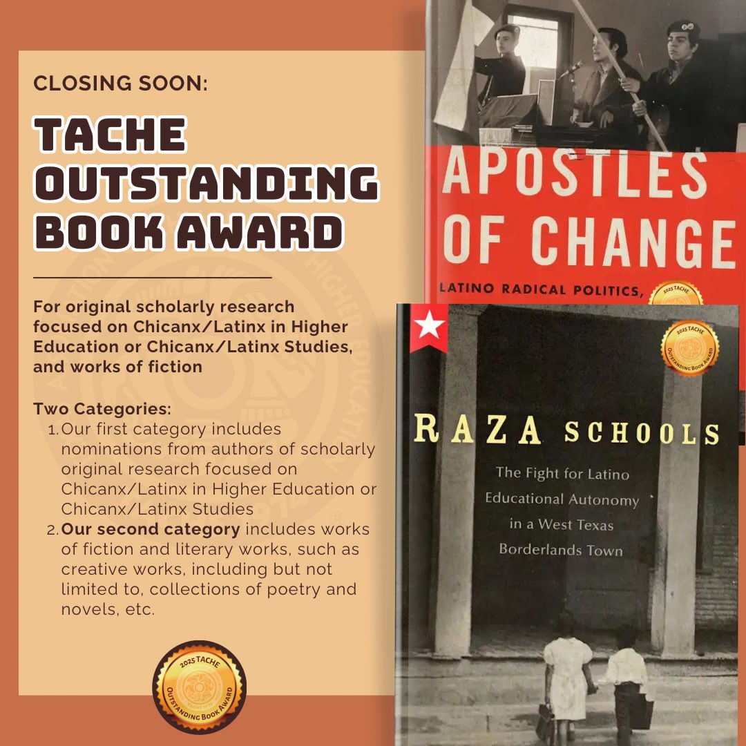 📚Nominations will close soon for the 2025 TACHE Outstanding Book Award!

⏰NOMINATIONS CLOSING NOVEMBER 30TH!

🔗Visit tache.org to submit your nomination today and to register for the 2025 TACHE State Conference.