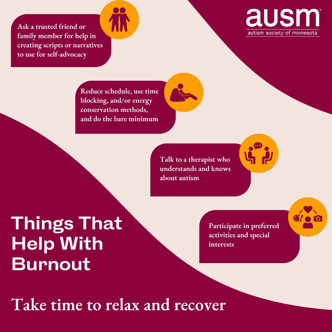 Burnout can hit hard for autistic individuals, but small strategies can make a big difference. 💛

✅ Use lists/timers
✅ Stim &amp; do comforting activities
✅ Create a sensory diet
✅ Lean on trusted supports
Take time to rest &amp; recover—you deserve it! 💌
#AutisticBurnout