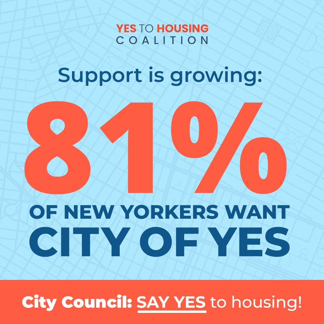 theNYHC's tweet image. Just a reminder to @NYCCouncil - #CityofYes is necessary to address our housing crisis and POPULAR! Supporters outnumbered opponents at @NYCPlanning and at City Council Committee hearings. And 81% of New Yorkers support it!