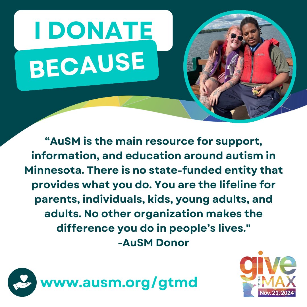 🌟 TOMORROW is Give to the Max Day! 🌟
Give between 10-11 a.m. to help AuSM earn bonus dollars during Power Hour! ⏰
AuSM is a lifeline for MN’s autism community—your support makes a difference. 💙

🔗 Double your impact: ausm.org/gtmd

#GiveToTheMax #GTMD2024 #Donate