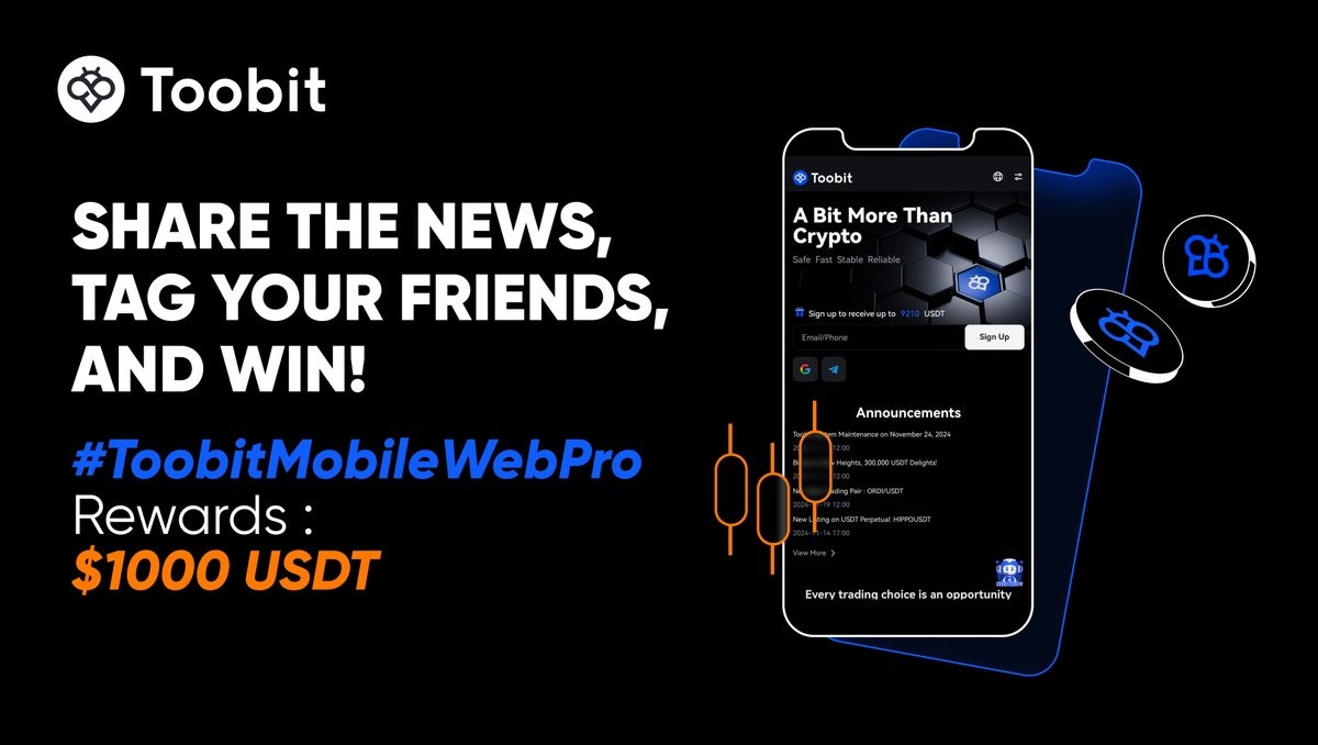 Toobit_official's tweet image. 🚀 Big news, Toobit community! 🚀
To celebrate the release of our Toobit Mobile Web Application - H5 Pro, along with the upgraded homepage and Passkey, we’re giving away $1000 USDT in bonuses! 🎉
Here’s how to join:
1️⃣ Share a post about our new Mobile Web Application (Don’t…