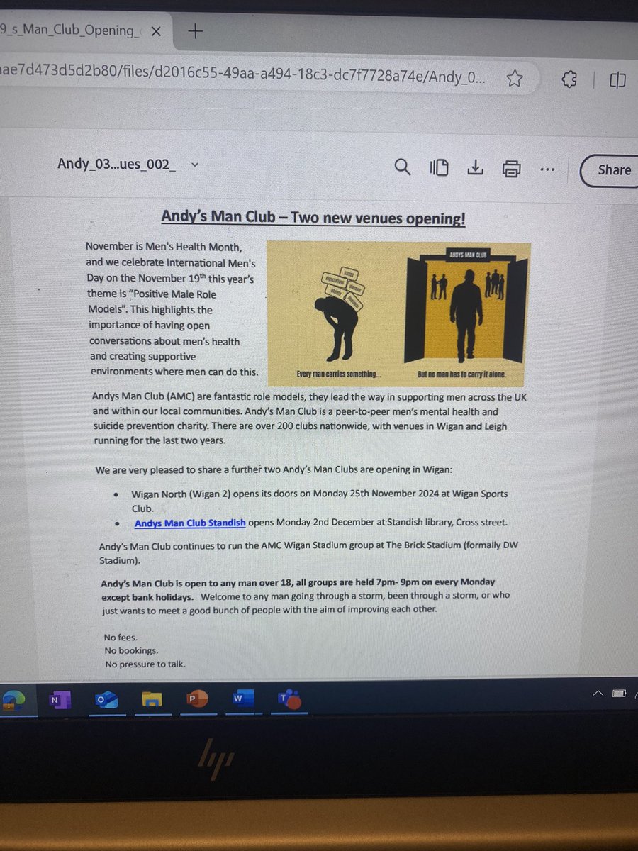 andyhayward24's tweet photo. Good to see Andys Man Club in the newsletter. 2 new venues coming to Wigan & Leigh π
1. The Brick Stadium β½οΈ
2. Wigan Sports Club π 25.11.24
3. Standish Library π 2.12.24
4. Leigh Rugby Club π
ππ» @WWLNHS @Steps4Wellness #ItsOkayToTalk #ThatOneMan #International_Mens_Day https://t.co/t5QFdAInAg