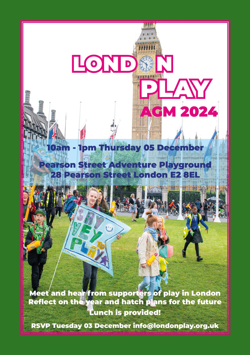 London Play (@londonplay) on Twitter photo Happy #WorldChildrensDay. If you care about children's right to play in London, come to our AGM! Let's share ideas & hatch plans to ensure <a href="/MayorofLondon/">Mayor of London, Sadiq Khan</a> keeps his promise to make London the best city in the world to grow up in. Oh, did we mention a free lunch? Go on! RSVP now! Happy #WorldChildrensDay. If you care about children's right to play in London, come to our AGM! Let's share ideas & hatch plans to ensure <a href="/MayorofLondon/">Mayor of London, Sadiq Khan</a> keeps his promise to make London the best city in the world to grow up in. Oh, did we mention a free lunch? Go on! RSVP now!