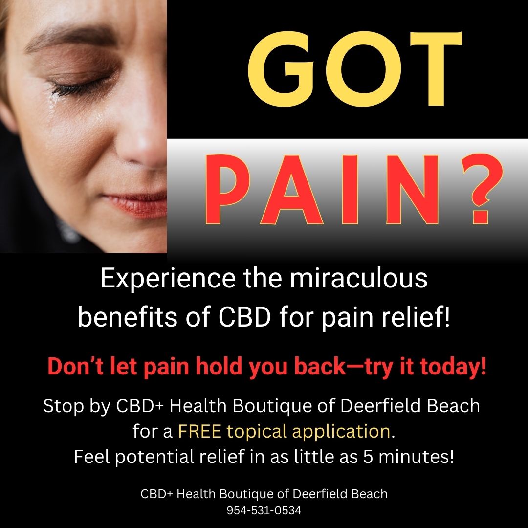 CBDHealthBoutiq's tweet image. Got Pain?  Experience the miraculous benefits of CBD for pain relief!
Stop by CBD+ Health Boutique of Deerfield Beach for a FREE topical application and feel potential relief in as little as 5 minutes! Don’t let pain hold you back—try it today! 
#CBDRelief #PainFreeLiving  #cbd