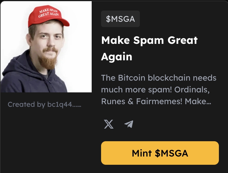 fairmints's tweet photo. We just launched the first #Bitcoin memecoin powered by the #Fairmemes protocol on https://t.co/9DmIvwSknO! ๐
Tomorrow, the memecoin creation feature goes live! โจGet ready to create yours โจ
And let's make spam great again! ๐
๐Mint $MSGA now on: https://t.co/yXqMD5kIlg https://t.co/rhHIaza0DV