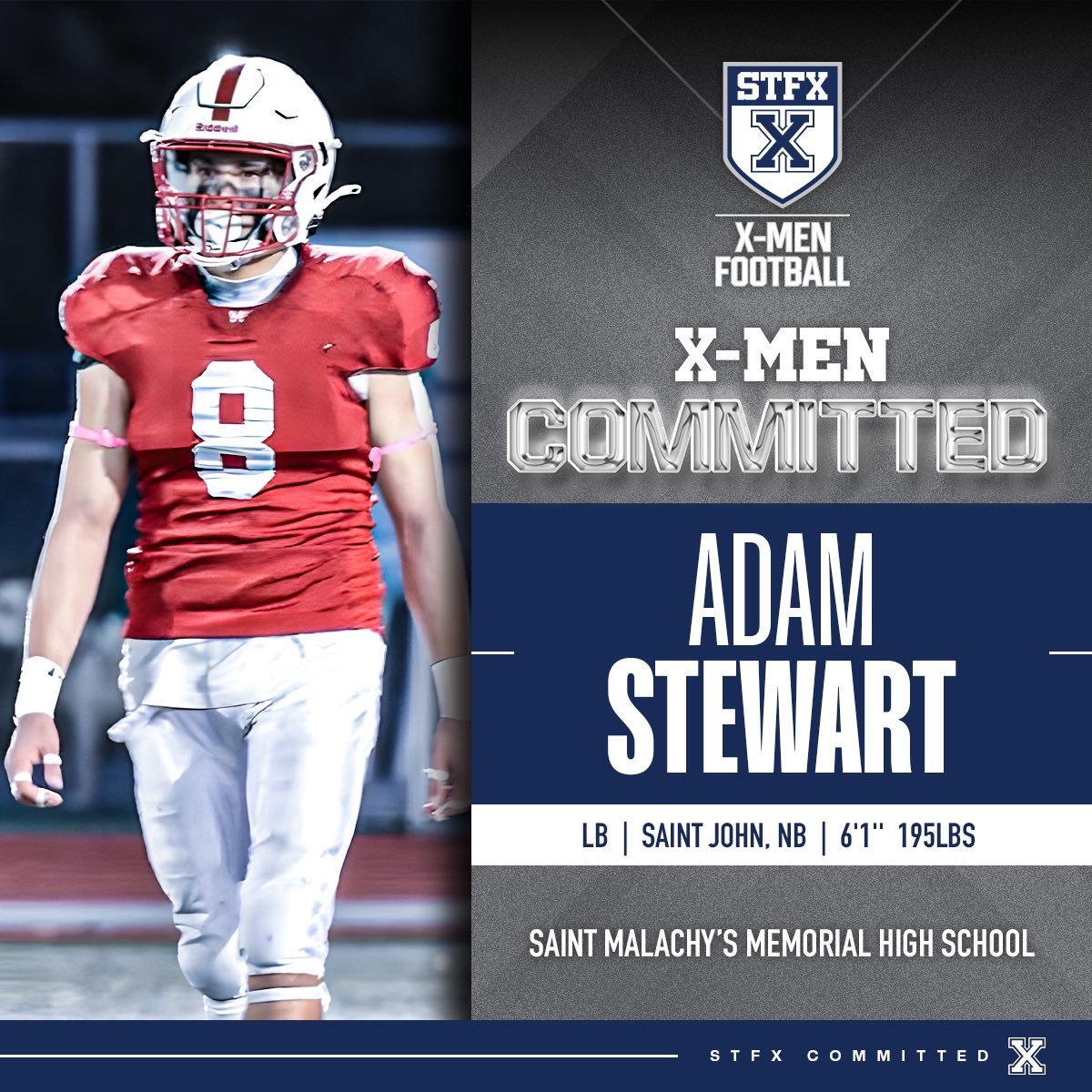 StFXFootball's tweet image. X-Men Football would like to welcome Adam Stewart to the 2025 recruiting class! Adam is a Linebacker from Saint John, NB. Welcome to the STFX family, Adam!

#HailandHealth
#STFX
#GoXGo