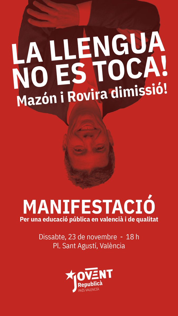 JoventPV's tweet photo. 📢 Mazón i Rovira dimissió!

✊ Omplim els carrers contra la desaparició del valencià a les aules i les retallades en educació.

🎓 Exigim una educació pública en valencià i de qualitat 💪

👅 La llengua no es toca!

🗓️ 23 de novembre
⏰ 18 h
📍 Pl. Sant Agustí, València https://t.co/HGScJmUt88