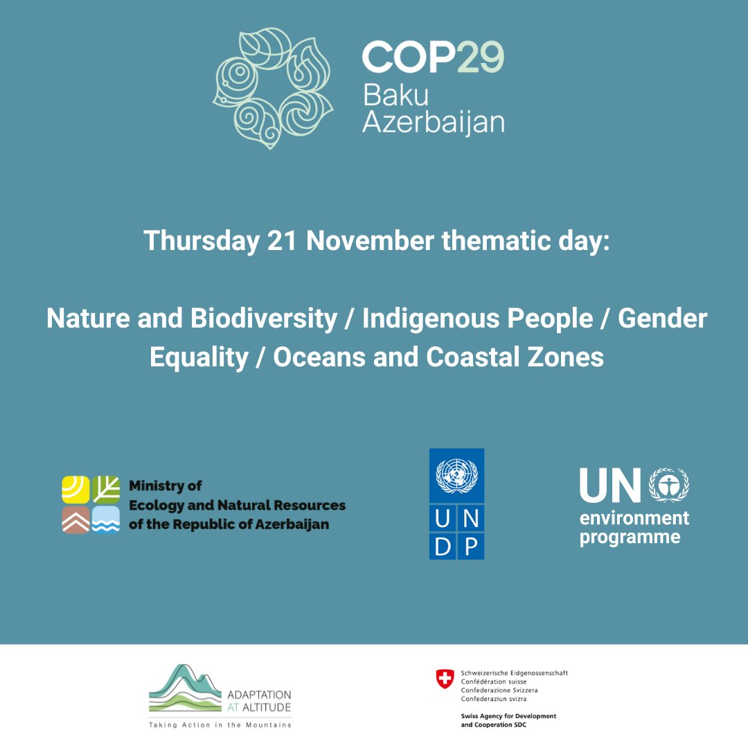 🌍 Join us at the #COP29 Azerbaijan Pavilion this Thursday, 21 November, from 09:30 to 10:45 for the event "National Adaptation Plans and regional approaches for resilient #Caucasus Mountains and beyond"!
👉 Find out more about our events at COP29: news.grida.no/nbspgridarenda…