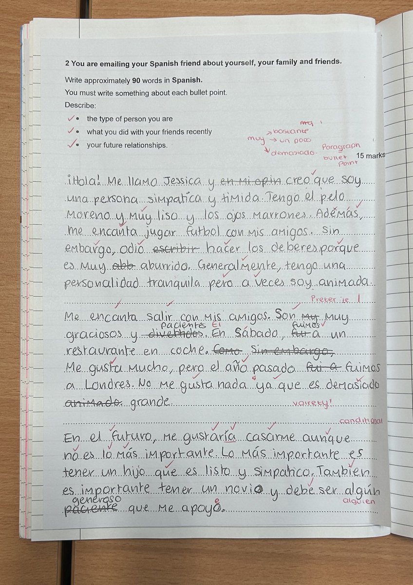 Writing feedback: took a pic of this essay and printed copies for the class. Marked it live on the board, students listened to my thought process and wrote my annotations. We used the mark scheme to give a mark /15 and students wrote a list of EBIs for their individual essays