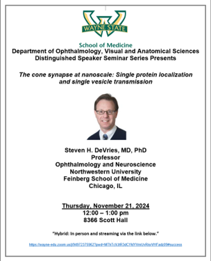 Wayne OVAS/Kresge Eye Institute/Wayne Health (@waynestateovas) on Twitter photo Our next distinguished seminar is tomorrow by Dr. DeVries from <a href="/NorthwesternU/">Northwestern</a>. We look forward to learning about how visual stimuli are processed by retinal neurons using advanced techniques such as optogenetics, super-resolution imaging, and computational modeling. Our next distinguished seminar is tomorrow by Dr. DeVries from <a href="/NorthwesternU/">Northwestern</a>. We look forward to learning about how visual stimuli are processed by retinal neurons using advanced techniques such as optogenetics, super-resolution imaging, and computational modeling.