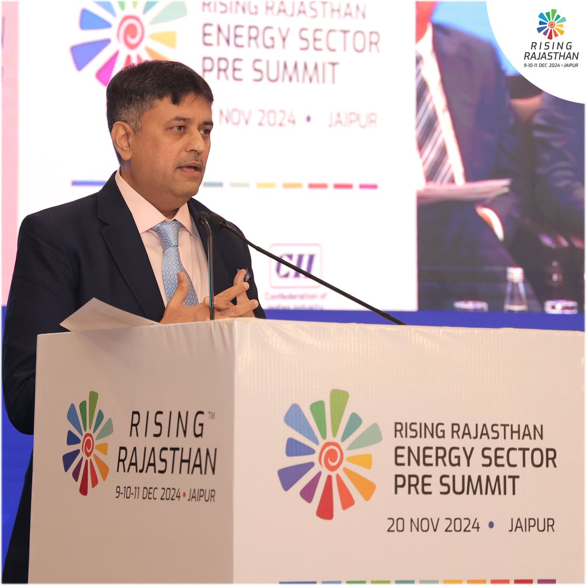 biprajasthan's tweet image. Shri Deepesh Nanda, MD &amp;amp; CEO, Tata Power Renewable Energy Ltd., addressing the gathering at the Rising Rajasthan Energy Pre-Summit, shared, “Rajasthan possesses a distinct advantage in the large-scale generation of solar, wind, and other emerging forms of renewable energy.  For…
