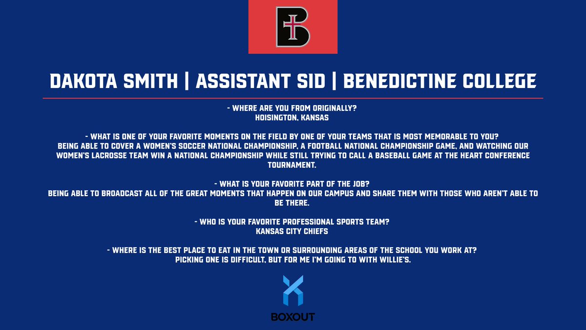 It's Heart SID Appreciation Week! 

Dakota Smith is the Assistant SID and Director of the Benedictine Raven Sports Network for <a href="/ravenathletics/">Raven Athletics</a>!

He also has served as the play-by-play voice of the Heart Baseball Conference Tournament in Ozark, MO for the last five years! 

Thank
