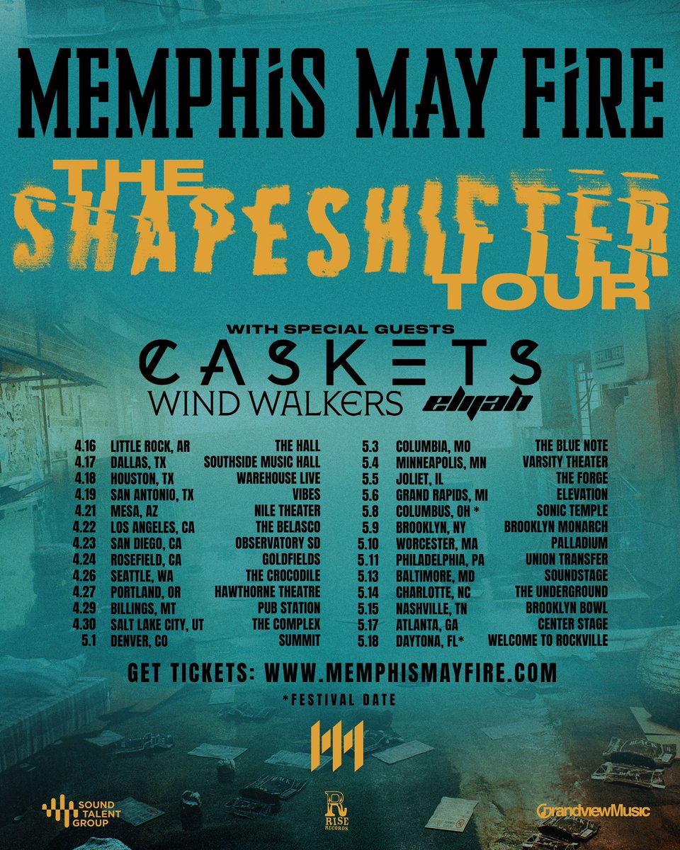 Stoked to announce we’ll be out next spring with <a href="/MemphisMayFire/">Memphis May Fire</a>, <a href="/Caskets_band/">CASKETS</a>, and <a href="/thexelijah/">elijah</a> on The Shapeshifter Tour! Tickets go on sale this Friday at 10AM local time.