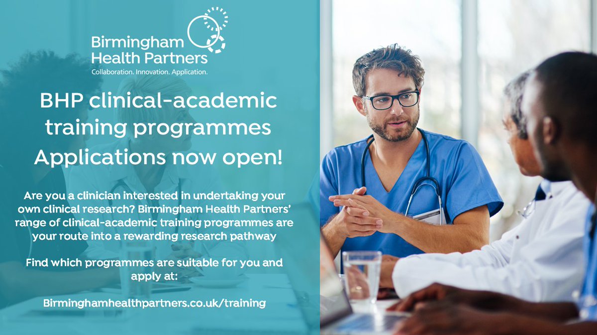 Birmingham Health Partners (@bhpcomms) on Twitter photo 📢 Calling all clinicians interested in pursuing research!
 
BHP's clinical-academic training programmes are now open for applications, with pathways suitable for varying career stages.   
🧵 Read on for more about our programmes... 📢 Calling all clinicians interested in pursuing research!
 
BHP's clinical-academic training programmes are now open for applications, with pathways suitable for varying career stages.   
🧵 Read on for more about our programmes...