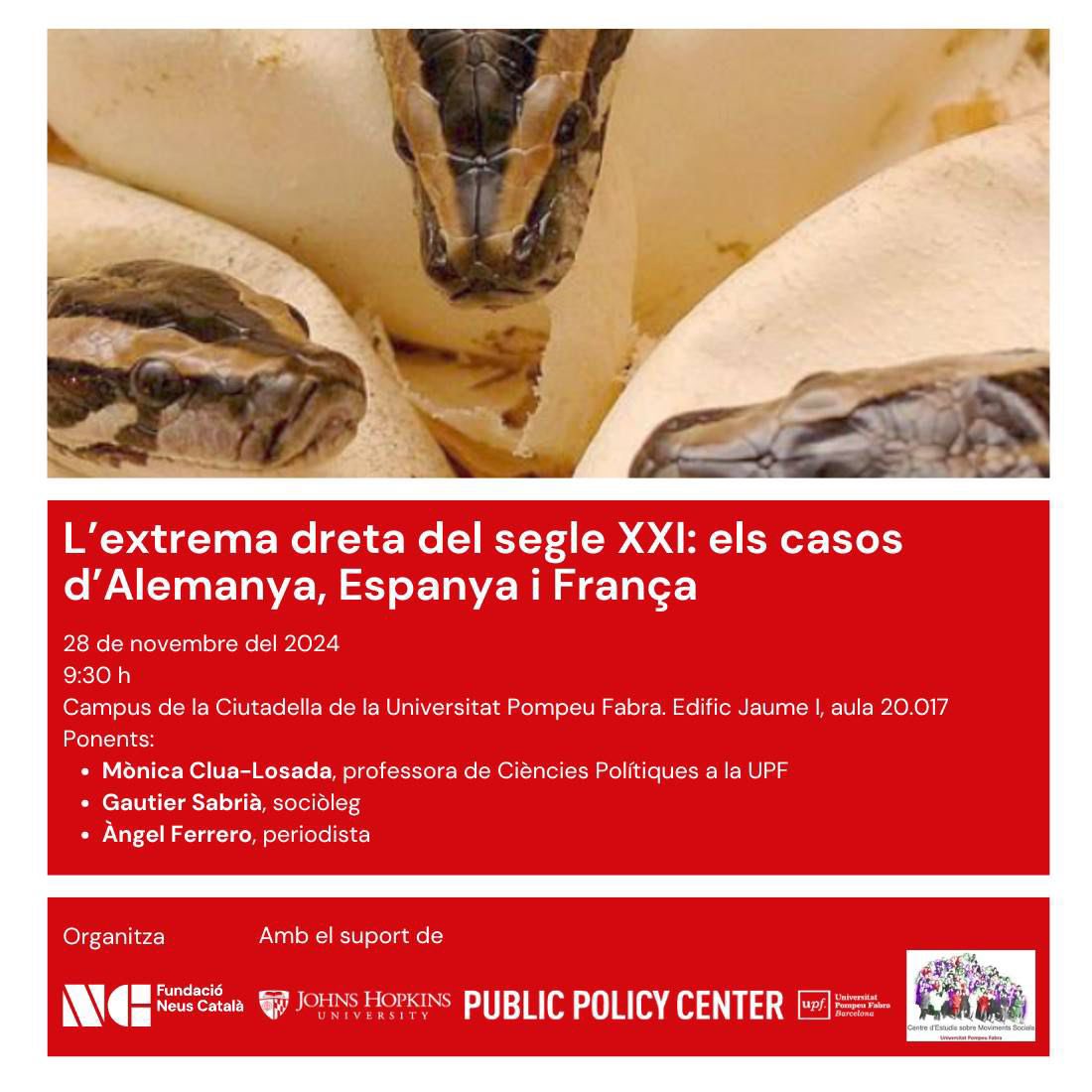 Dijous 28 de novembre, els companys de la <a href="/NeusCatala_fun/">Neus Català</a> organitzen aquest acte sobre l'extrema dreta a través dels casos d'Alemanya, Espanya i França amb <a href="/DrCluaLosada/">Mònica Clua-Losada</a>, <a href="/gautier_sabria/">Gautier Sabrià</a> i <a href="/angelferrero/">Àngel Ferrero</a>.

📍 A l'aula 20.017 de l'Edifici Jaume I de la Universitat Pompeu Fabra.
