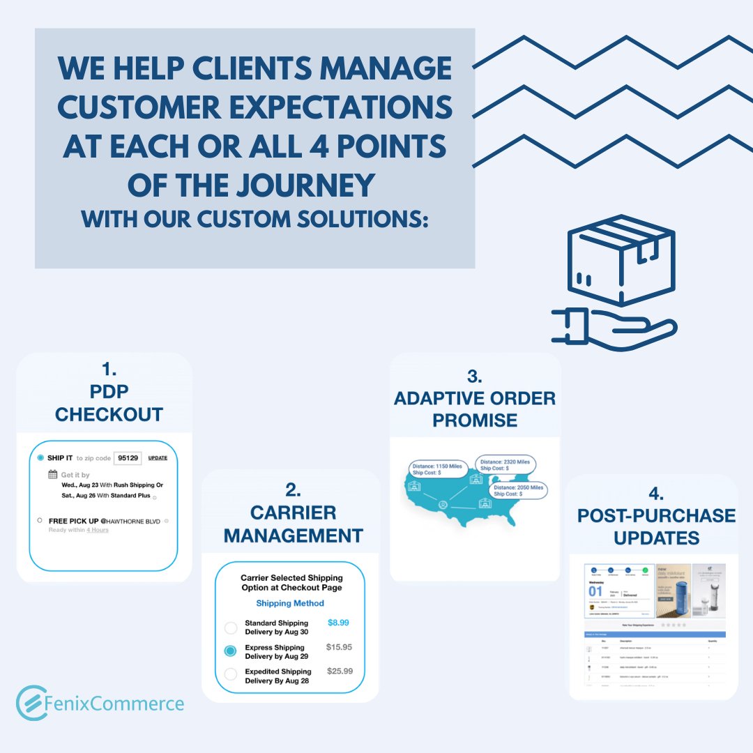 FenixCommerce's tweet image. Delivering Seamless Customer Experiences: FenixCommerce empowers businesses to manage customer expectations at every touchpoint—PDP checkout, carrier management, adaptive order promise, and post-purchase updates—with cutting-edge solutions tailored to drive satisfaction &amp;amp; loyalty