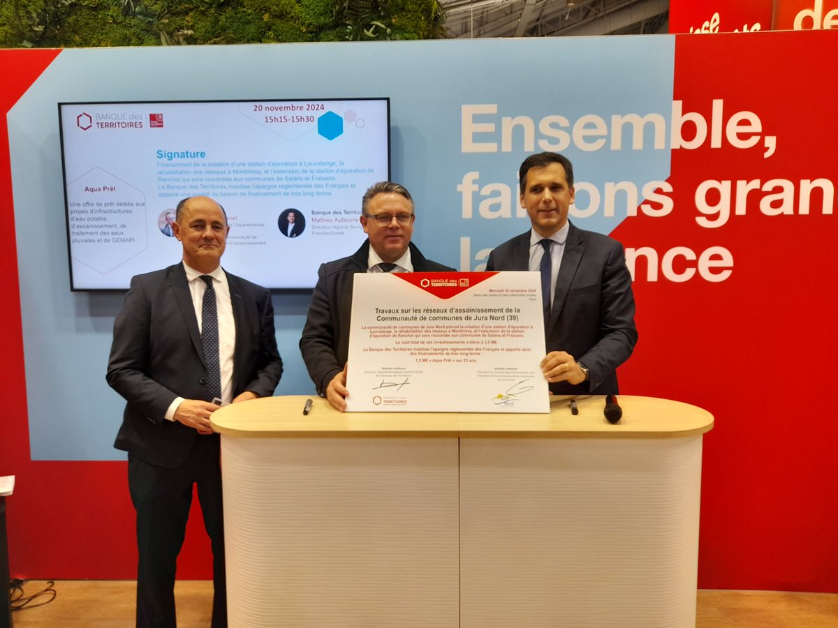 3,9 M€ investis par la communauté de communes Jura Nord pour la création d'une station épuration à Louvatange, la réhabilitation des réseaux à Montmirey, et l'extension de la station d'épuration de Ranchot
✍️ Aqua Prêt de 1,5 M€  <a href="/BanqueDesTerr/">Banque des Territoires</a> sur 25 ans #VotreEpargneEstUtile