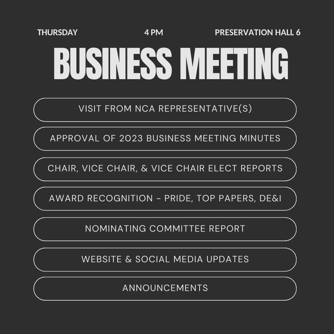 The Public Relations Division Meeting will be held on Thursday from 4 - 5:15 p.m. in Preservation Hall Studio 6, 2nd Floor Marriott. Please review the 2023 Business Meeting Minutes (sent via email) in advance, as we will vote to approve them at the opening of the meeting.