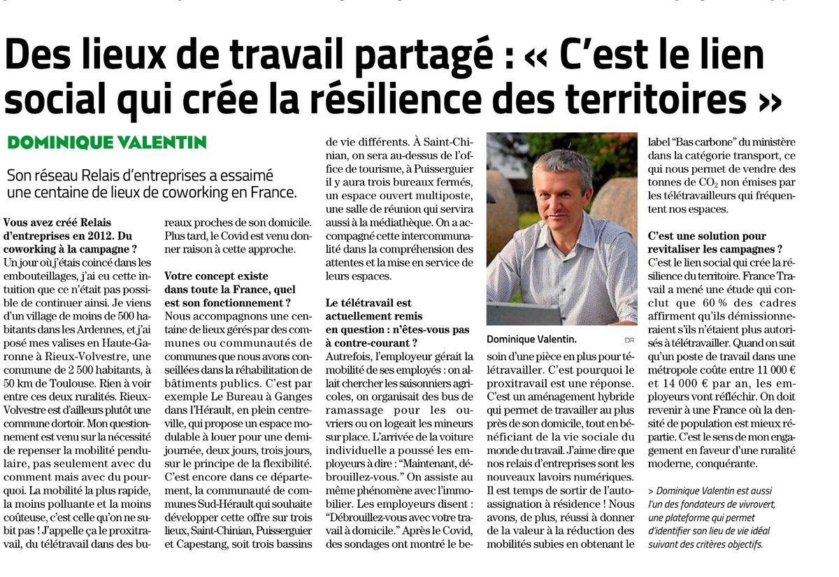 🗞️ [À LIRE] Relais d’Entreprises à l’honneur dans le deuxième volet de la série “Les Engagés de la #Ruralité”, publiée chaque vendredi dans Midi Libre
✅ Parce que le #télétravail en #tierslieux, c’est bon pour la qualité de vie, la planète et le rééquilibrage des territoires !