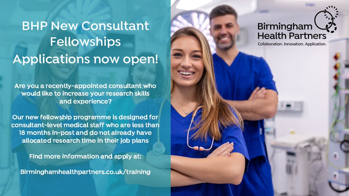 Birmingham Health Partners (@bhpcomms) on Twitter photo Our latest scheme is the BHP New Consultant Fellowship, designed for qualified medical staff who have taken up their first consultant position in the past 18 months but don't have time allocated within their job plans for research.
Learn more and apply > birminghamhealthpartners.co.uk/training/new-c… Our latest scheme is the BHP New Consultant Fellowship, designed for qualified medical staff who have taken up their first consultant position in the past 18 months but don't have time allocated within their job plans for research.
Learn more and apply > birminghamhealthpartners.co.uk/training/new-c…