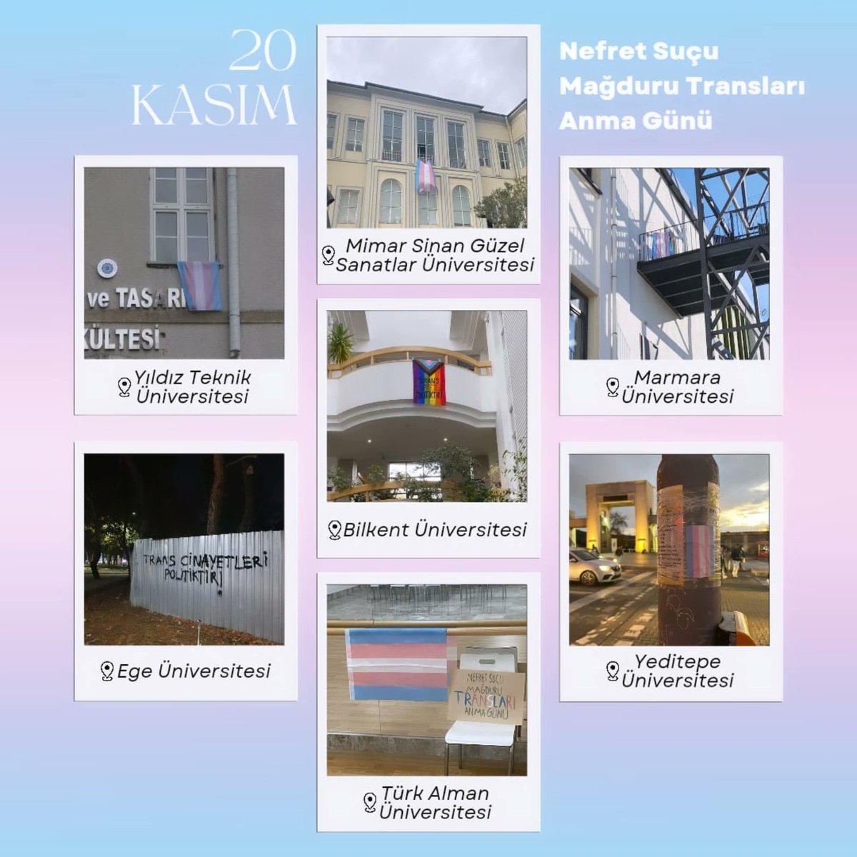 Bugün, 20 Kasım Nefret Suçu Mağduru Transları Anma Günü’nde çeşitli üniversite LGBTİQA+ Toplulukları olarak kampüslerimizde var olduğumuzu yeniden haykırdık!🏳️‍⚧️