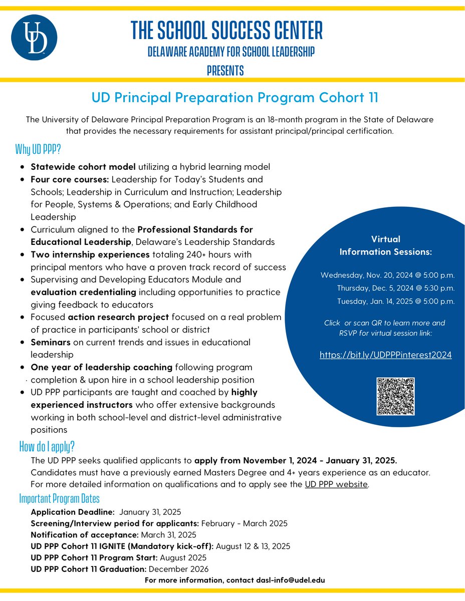 Alison Travers (@atraversde) on Twitter photo #UDPPP is searching for the next cohort of future Delaware school leaders! Please share this opportunity with educators who aspire to lead.
Interested? Share your info here to be contacted by our team: bit.ly/UDPPPinterest2… #leadsDE <a href="/UDCEHD/">UD College of Education & Human Development</a> <a href="/UD_SSC/">UD School Success Center</a> #UDPPP is searching for the next cohort of future Delaware school leaders! Please share this opportunity with educators who aspire to lead.
Interested? Share your info here to be contacted by our team: bit.ly/UDPPPinterest2… #leadsDE <a href="/UDCEHD/">UD College of Education & Human Development</a> <a href="/UD_SSC/">UD School Success Center</a>