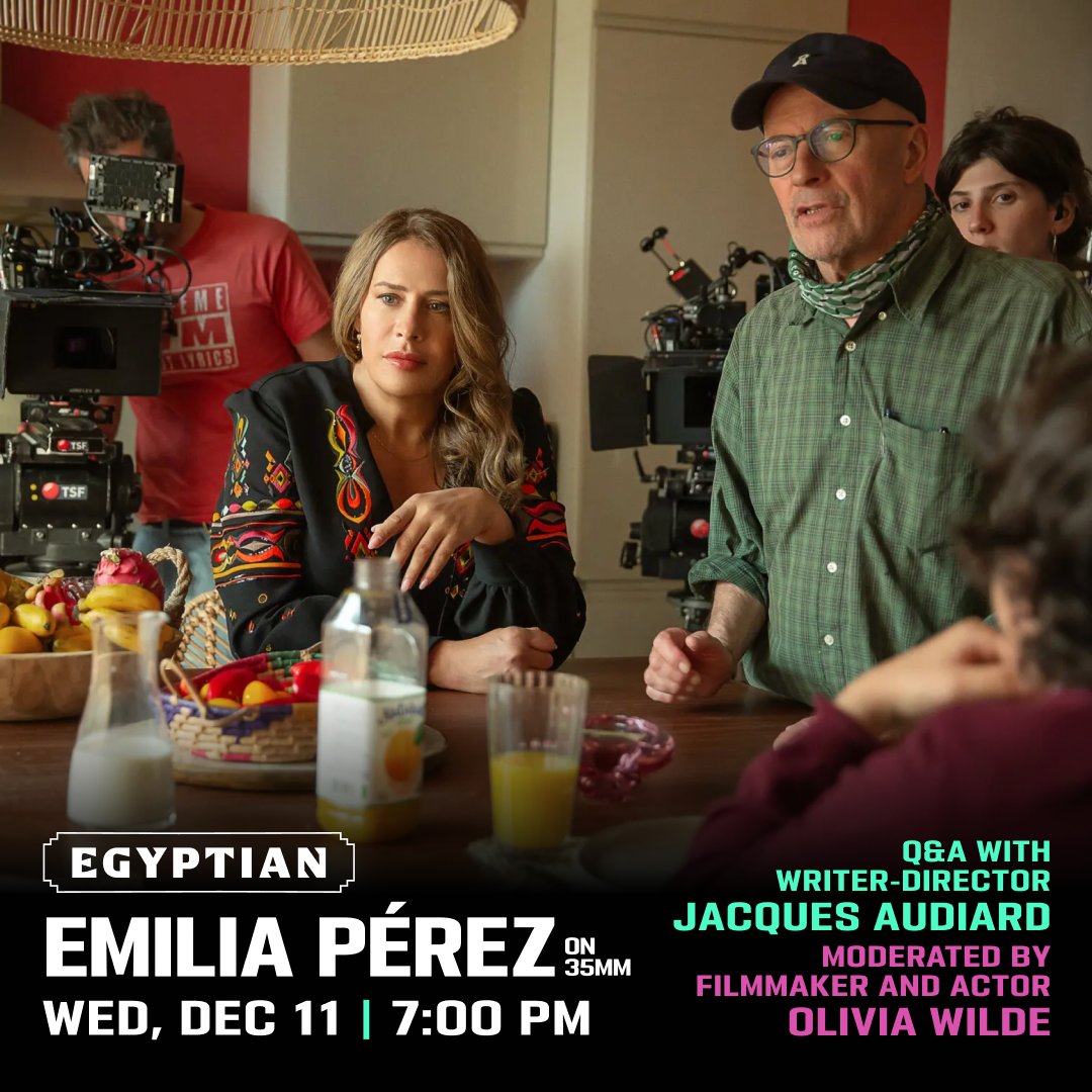 Be here December 11 for a 35mm screening of EMILIA PÉREZ featuring Q&amp;A with Jacques Audiard, moderated by filmmaker and actor Olivia Wilde!

Very limited tickets remain:
egyptiantheatre.com/film/emilia-pe…