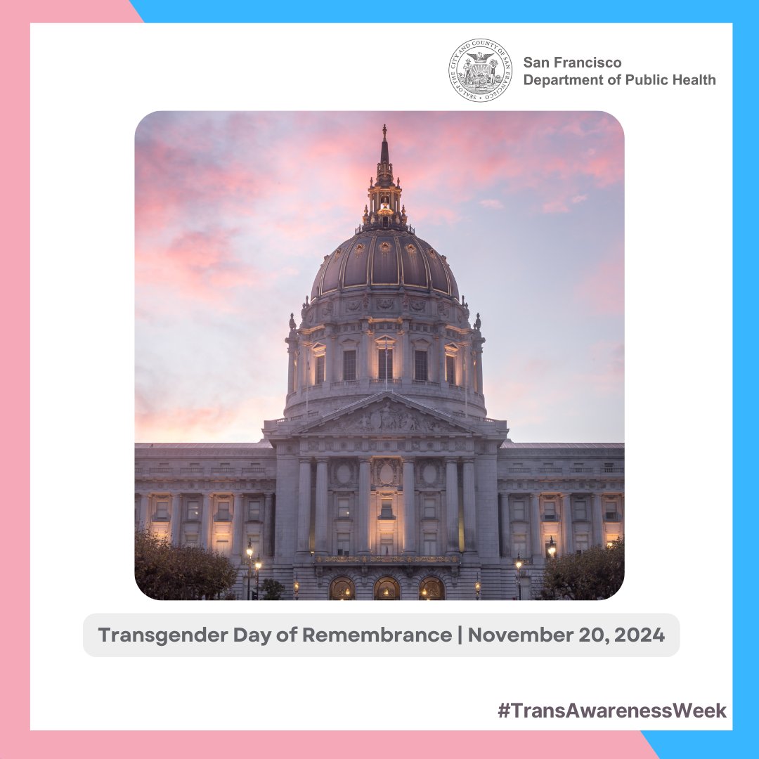 SF_DPH's tweet photo. Tonight, on Transgender Day of Remembrance, #SFCityHall will be lit blue, pink, &amp; white in solidarity with the community here in #SF and everywhere. We stand against #tranphobia &amp; honor those impacted by the continued violence towards #transgender people.
#GenderHealthSF https://t.co/hzIyM07n1B