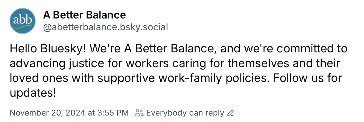 ABetterBalance's tweet image. A Better Balance is now on Bluesky! Follow us here for additional updates on our work: bsky.app/profile/abette…