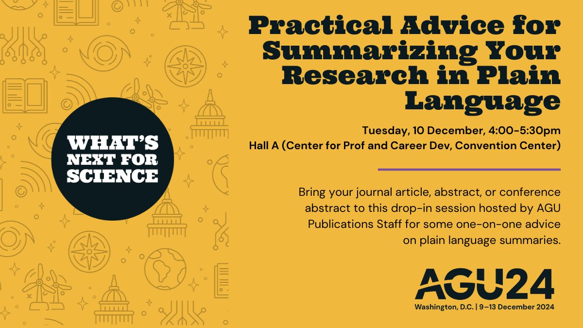 Need help converting your abstract into a plain language summary?

Bring your abstract to our drop-in session at #AGU24 for advice on simplifying scientific writing and removing jargon.

🔗agu.confex.com/agu/agu24/meet…

#AGUPubs