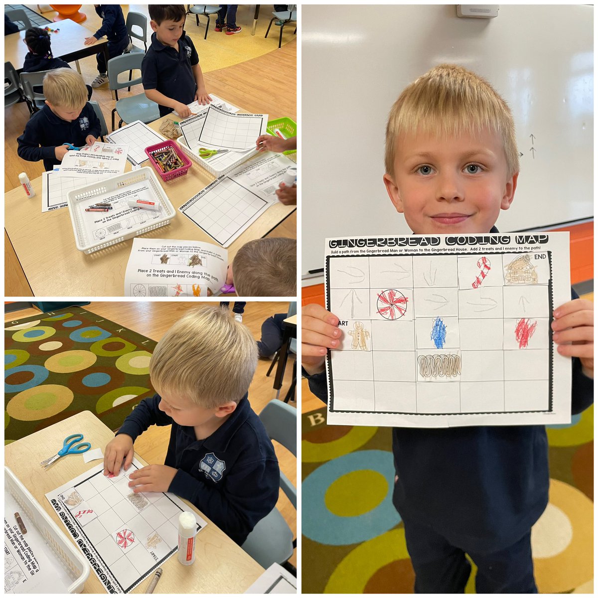 Pavao_Cecco's tweet photo. After reading the story of the Gingerbread Man, we extended our learning with an unplugged coding challenge. Students created their own maps and used directional arrows to guide the gingerbread man through their path, from start to finish! #hcdsbk @saopmilton1 @HCDSB_k https://t.co/A7GDkGMOFS