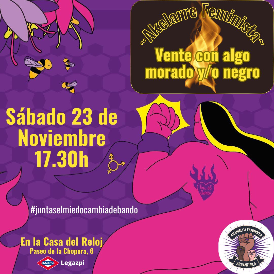 AFArganzuela's tweet photo. El #25N en #Arganzuela acción simbólica para quemar las violencias machistas contra las mujeres, niñas, niños y disidencias #AKELARRE #FEMINISTA
Sábado #23N en la Casa del Reloj. Vente con algo morado y/o negro y con una vela #elmiedocambiadebando #laverguenzacambiadebando https://t.co/B11wqHhWLe