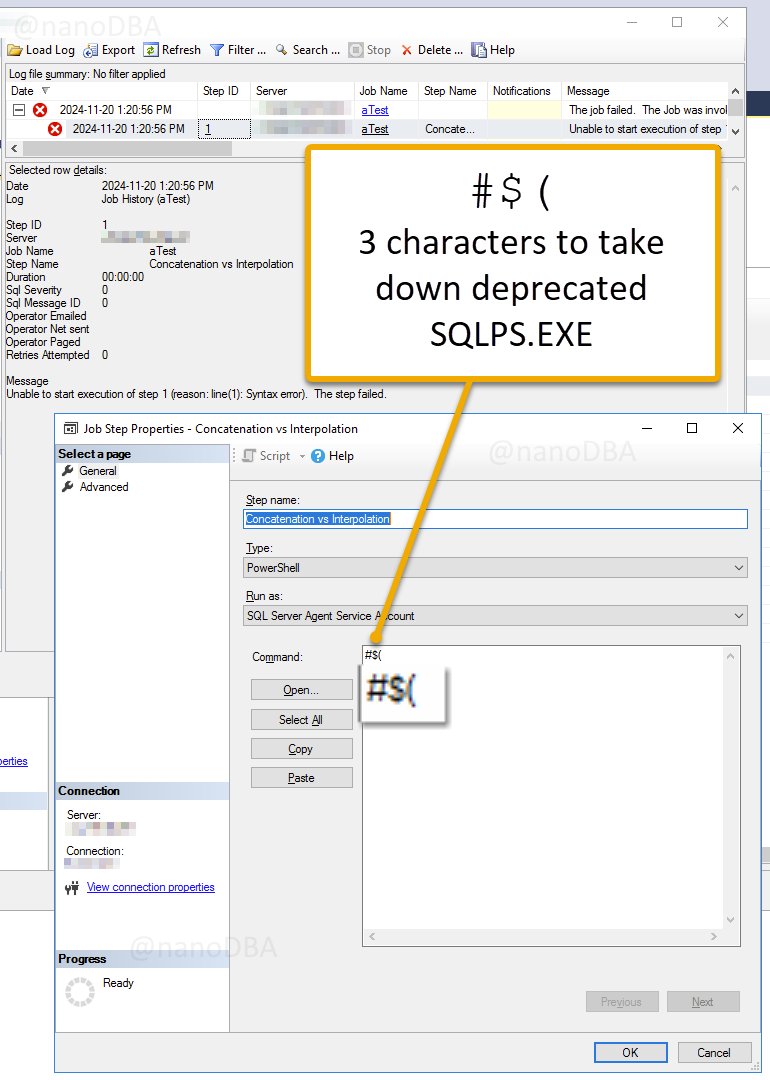 3 magic🪄 characters cause job step failure with SQLPS.EXE in a comment...   #$( 

Yes, it's deprecated, but is this the best we can do for a #SQLServer job step of type "PowerShell" ?
