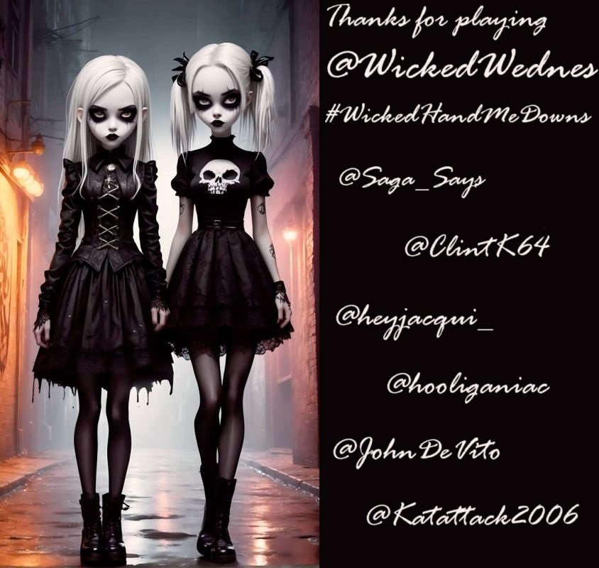 WickedWednes's tweet photo. Thanks for playing @WickedWednes 

#WickedHandMeDowns 

@Saga_Says &amp; @ClintK64 thank our Well Worn Guests @heyjacqui_ @hooliganiac @JohnDeVito &amp; @Katattack2006 for keeping it thrifty!

Come join us again next week!

1/3 https://t.co/Kcp2d8TXsF