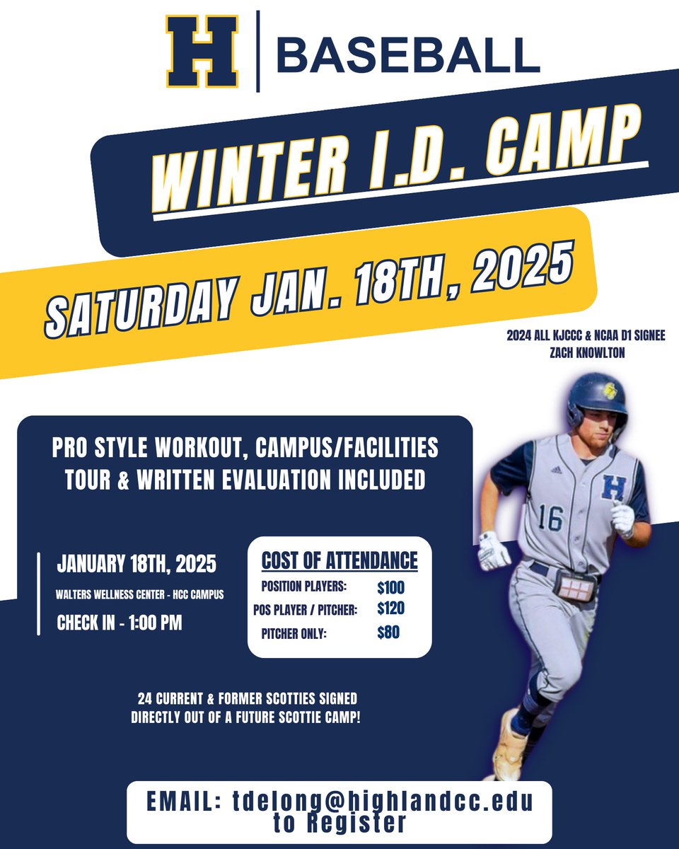 🚨🚨🚨 2026-2028 GRADS 🚨🚨🚨

⚾️: Winter I.D. Camp
🗓️: January 18th, 2025

Email: tdelong@highlandcc.edu to register!
