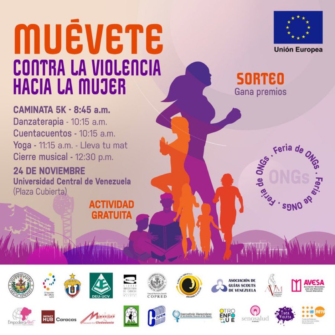 Este domingo 24/11 sé parte de la jornada gratuita deportivo-familiar “Muévete contra la violencia hacia la mujer” desde las 8:30 am en la UCV, organizada por <a href="/UEenVenezuela/">Unión Europea en Venezuela 🇪🇺🇻🇪</a>🇪🇺🏃♀️🏃♂️

🟧🟪 ¡Trae tu franela/accesorio naranja o púrpura!

👉 Inscripciones: docs.google.com/forms/d/e/1FAI…