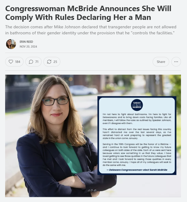 ErinInTheMorn's tweet photo. 1. Transgender Congresswoman Sarah McBride has announced that she will comply with Speaker Johnson's policy declaring her a man and banning trans people from bathrooms.

She is receiving sharp critiques from transgender people.

Subscribe to support my journalism. https://t.co/N8U2IS00vB