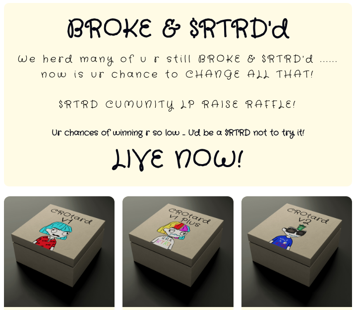 We thought <a href="/TrueRTRD/">TrueRTRD</a> was a cult? 🤔

Where are all the $RTRD 's? 👀

Don't forget this is a 'Buy &amp; Build' Loot drop for YOU! 

Pump your bags &amp; maybe pick up a prize...WIN WIN!

✅ 50% ticket rev will be added to $RTRD VVS pool
☑️ 40% ticket rev will buy &amp; distribute prize $RTRD