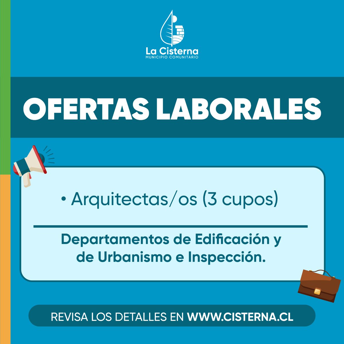 OFERTAS LABORALES

3 arquitectas/os
La Dirección de Obras Municipales requiere de tres arquitectas o arquitectos para sus departamentos de Edificación y de Urbanismo e Inspección.

Enviar CV a administracion@cisterna.cl hasta el 04 de diciembre.