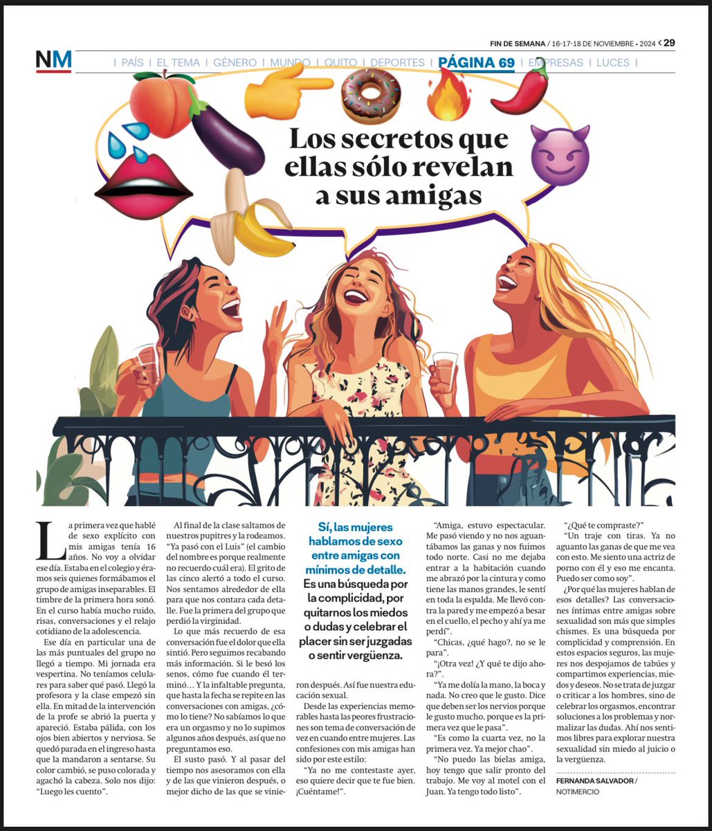 Salvanda's tweet photo. 😏¿Quieren saber sobre las conversaciones entre mujeres, confidencias y confesiones? 

Aquí les dejo mi primera nota en la Página 6️⃣9️⃣🔥 del @notimercio. Espero les guste y me comentan o sugieren otros temas para otras ediciones. 😉 https://t.co/gF5UmibTTW