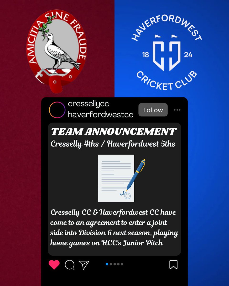 Cresselly CC (@cressellycc) on Twitter photo 🔴🕊️ Announcement 🏰🔵
Cresselly CC and <a href="/HaverfordwestCC/">Haverfordwest CC</a> are pleased to announce they will be entering an amalgamated team into division 6 next season, playing their home games at the Junior Pitch, Haverfordwest.
We are looking forward to working together! 🔴🕊️ Announcement 🏰🔵
Cresselly CC and <a href="/HaverfordwestCC/">Haverfordwest CC</a> are pleased to announce they will be entering an amalgamated team into division 6 next season, playing their home games at the Junior Pitch, Haverfordwest.
We are looking forward to working together!