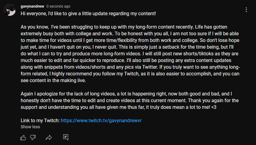 gavynandrewVR's tweet photo. Hi everyone, I just wanted to share an update regarding my long-form YouTube content for any of my followers here.

Also here's a link to my Twitch for anyone that wishes to follow or is interested! https://t.co/S4y68FJR2j https://t.co/AeJMOowUzH