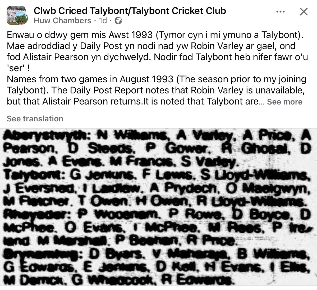 Pinched from the Clwb Criced Talybont FB feed. West Wales cricket in 1993. Lots of familiar names, including some Rhayader legends - <a href="/PaulRow30830083/">Paul Rowe</a> 😁