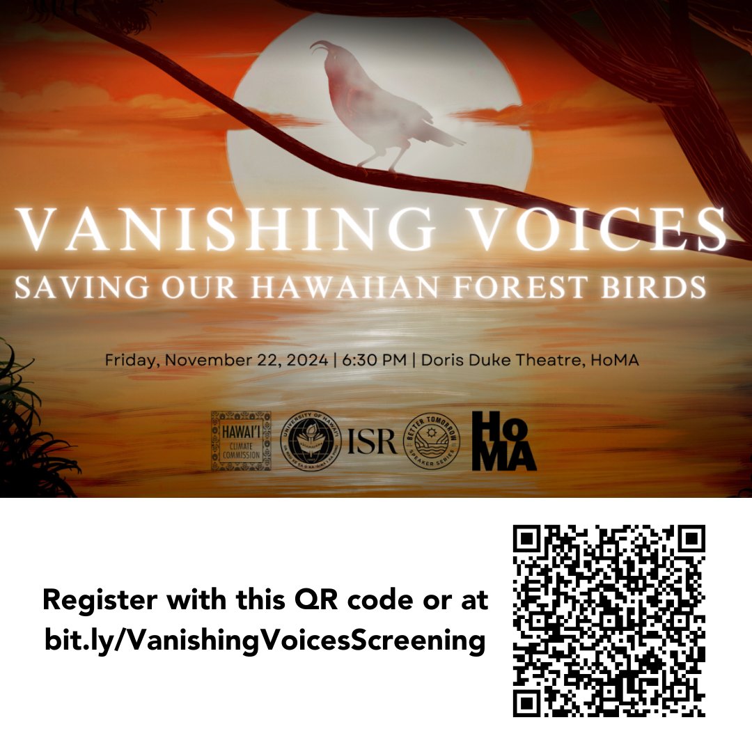 📢Happening this Friday!⚠️Please consider attending a FREE screening of the film 🎦 Vanishing Voices: Saving our Hawaiian Forest Birds 🐦 at Doris Duke Theater 🏛️on Friday, November 22. An all-star 🌟 panel discussion 💭 will follow the event. #SustainabilityFilmSeries